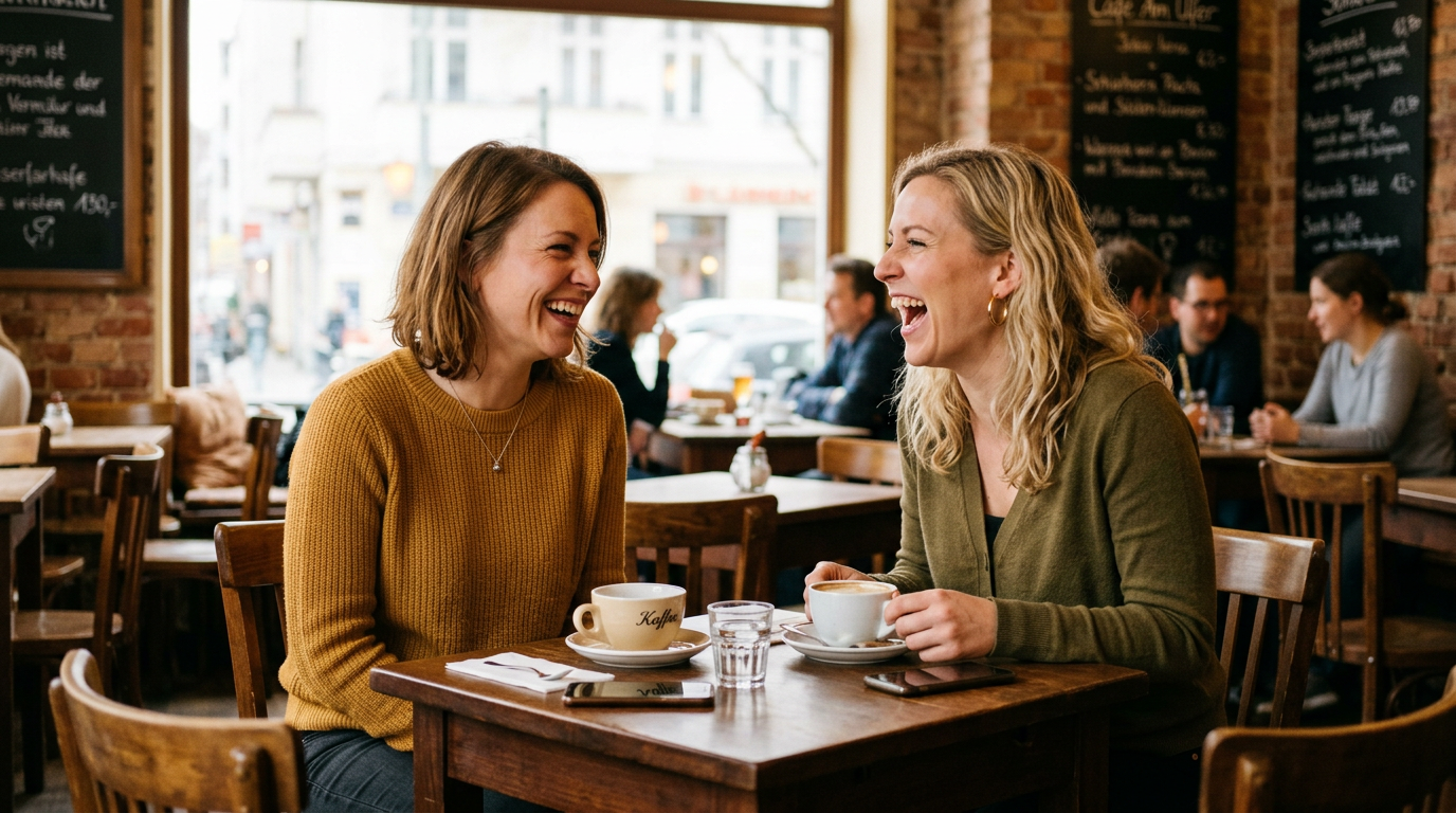 Zwei Freundinnen lachen im Café