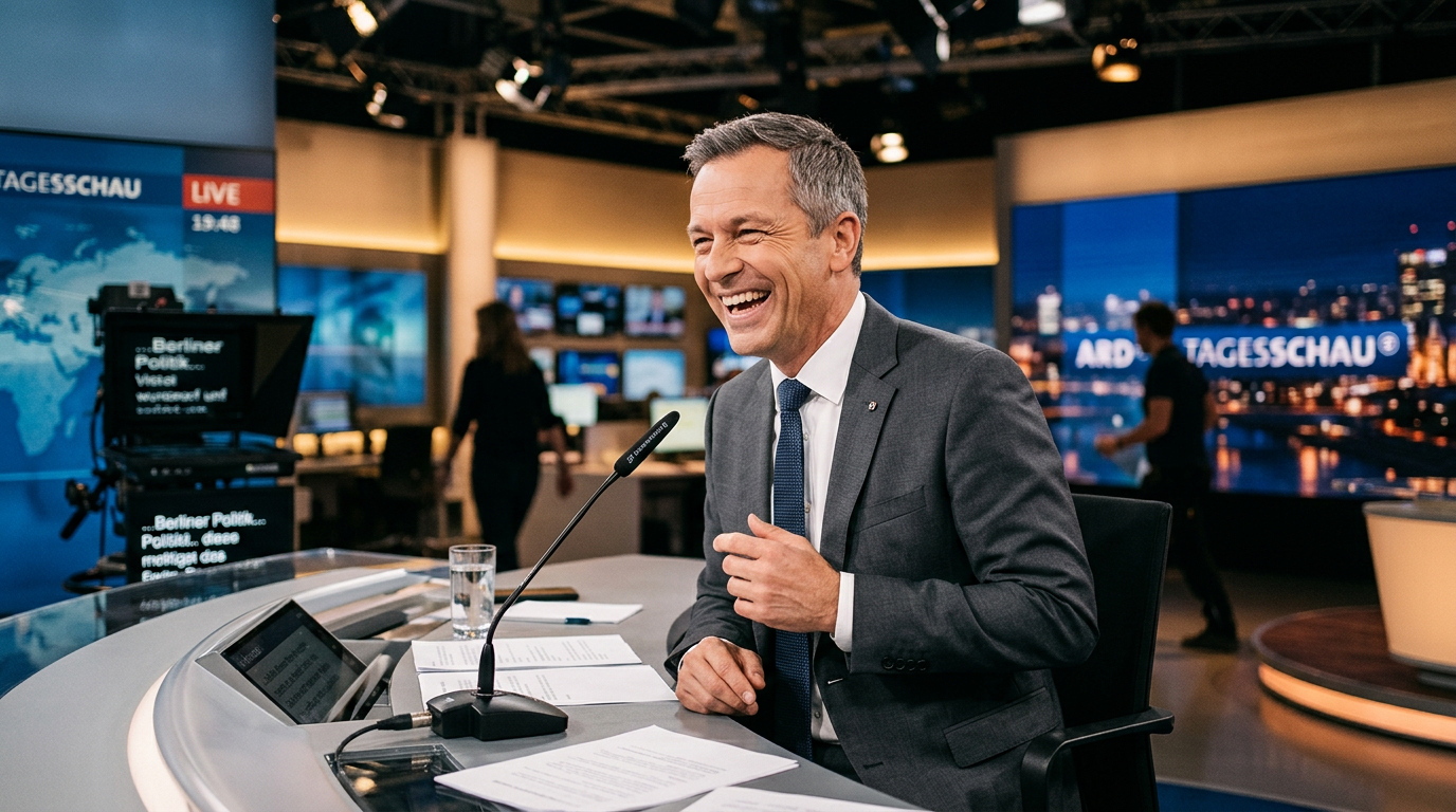 Moderator lacht im Live-TV Studio